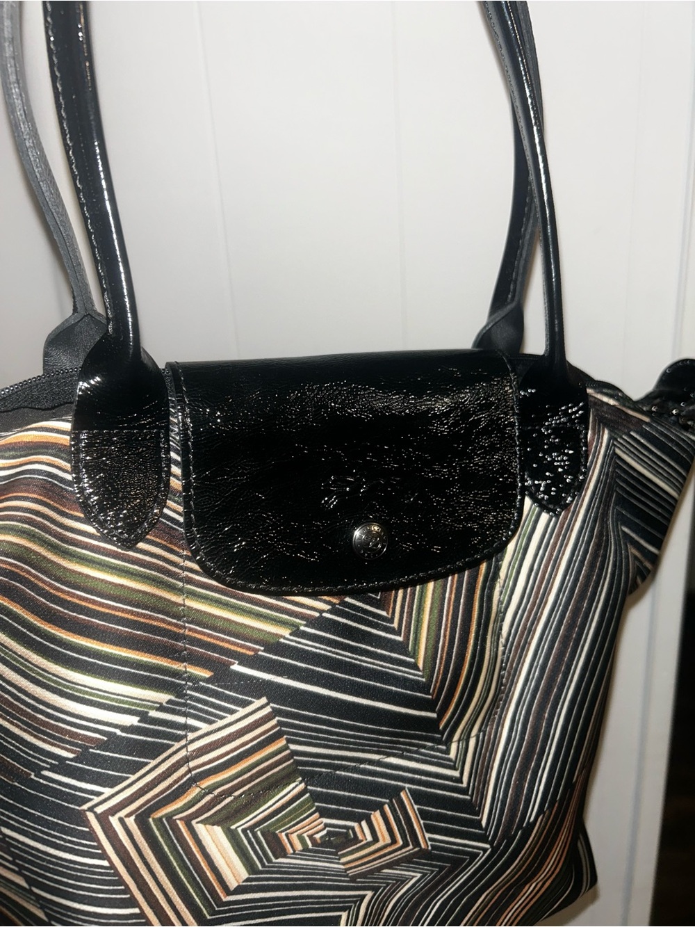 Longchamp Black Multicolor Geometric Stripe Satchel - Picture 2 of 8